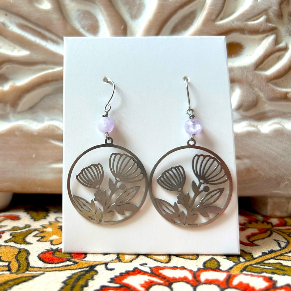 Handmade Amethyst and Floral Stainless Steel Earrings - 1.5” Drop - New